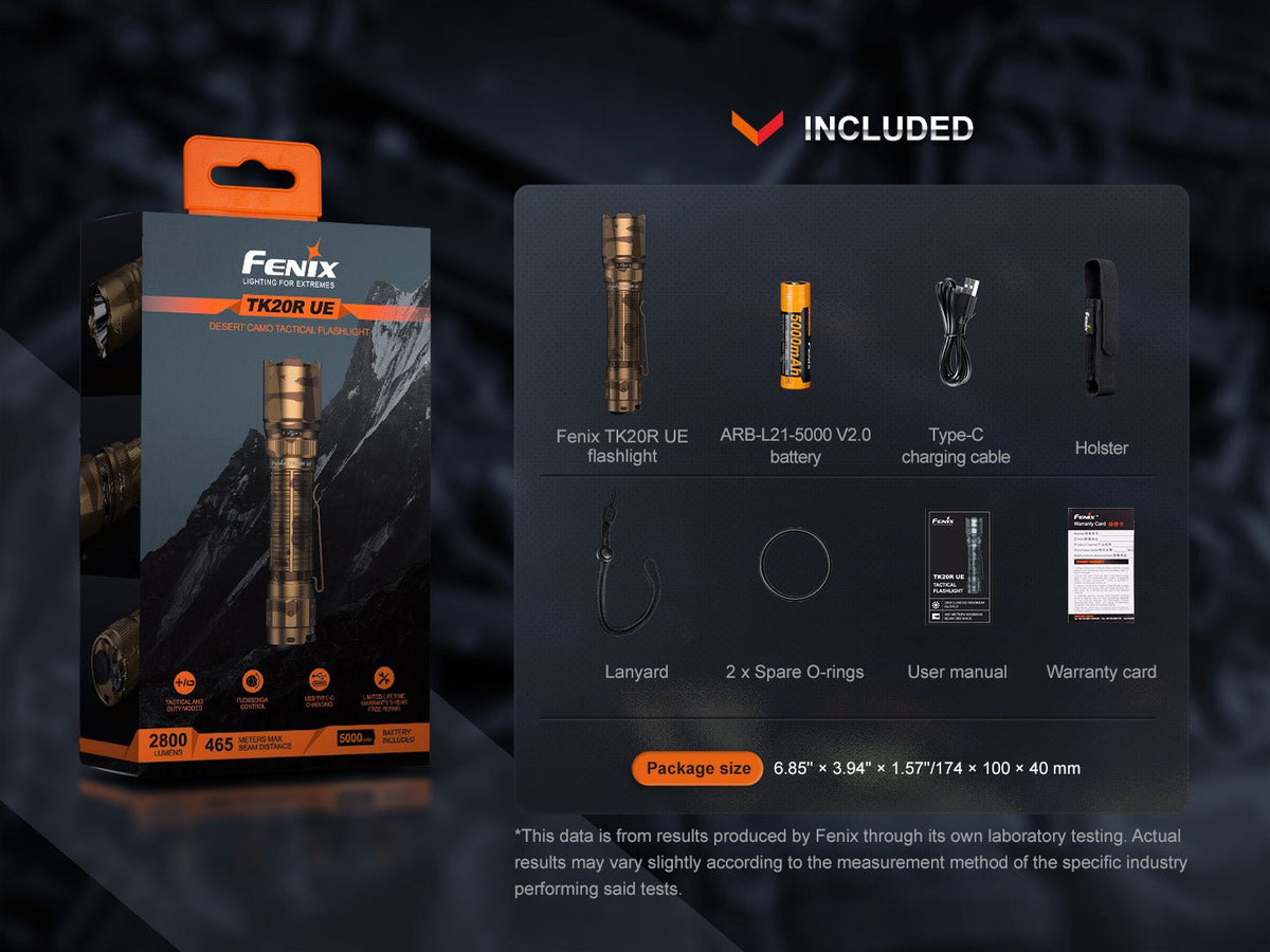 Fenix TK20R UE tactical flashlight bronze with battery, charger, holster, lanyard on Tampa Home & Garden Store