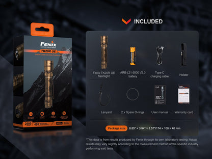 Fenix TK20R UE tactical flashlight bronze with battery, charger, holster, lanyard on Tampa Home & Garden Store