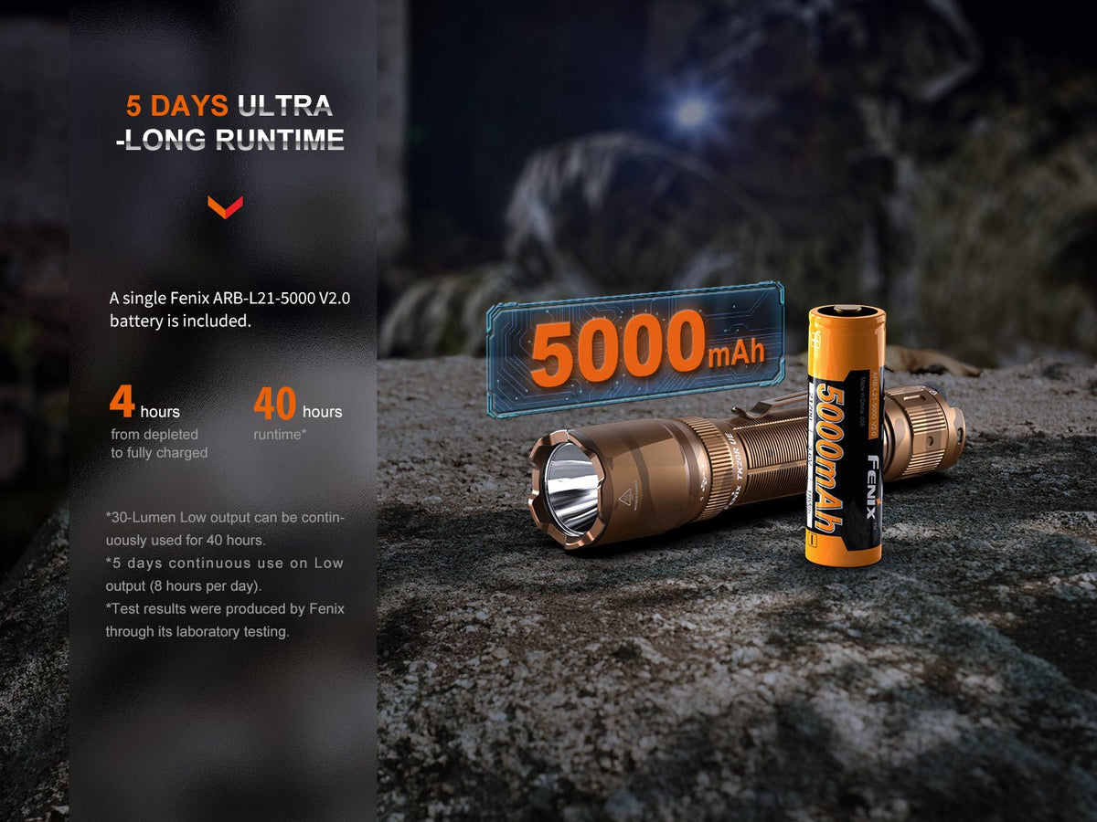 Fenix TK20R UE tactical flashlight with bronze body and 5000mAh orange battery (2 items) on Tampa Home & Garden Store