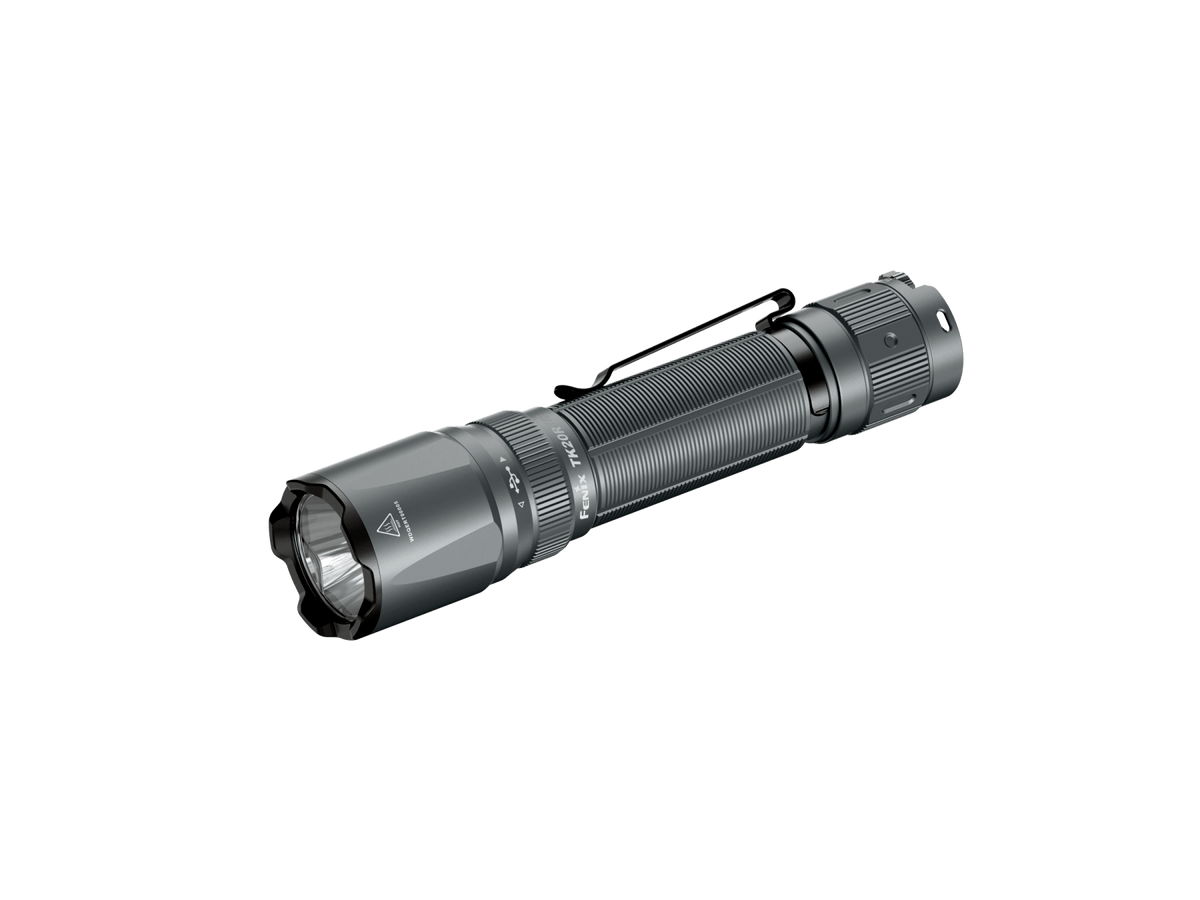 Fenix TK20R UE tactical flashlight with gray anodized body, ribbed grip and pocket clip on Tampa Home & Garden Store