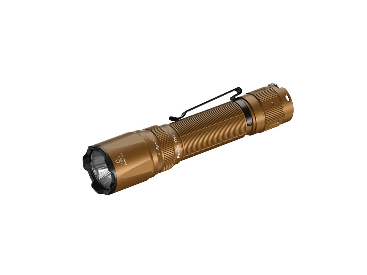 Fenix TK20R UE tactical flashlight bronze aluminum body with black pocket clip on Tampa Home & Garden Store