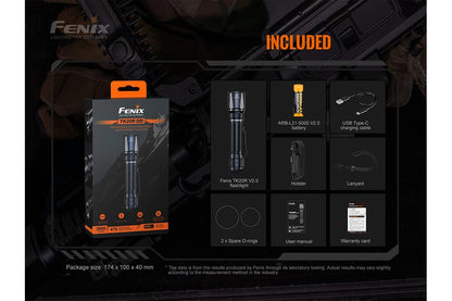 Fenix TK20R V2.0 rechargeable tactical flashlight in box with ARB-L2 battery and USB-C cable on Tampa Home & Garden Store