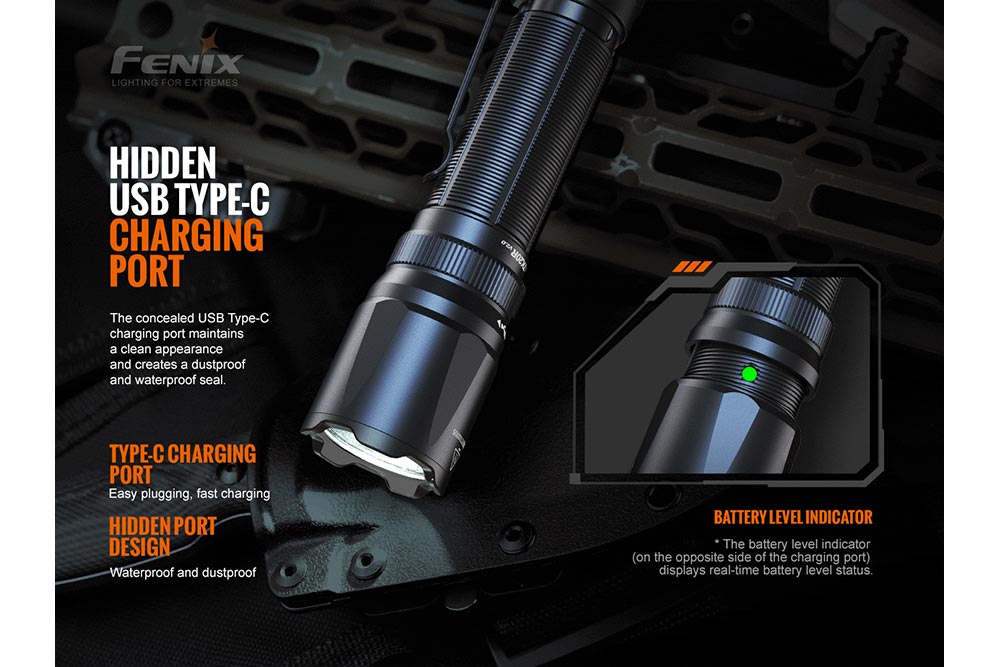 Fenix TK20R V2.0 rechargeable flashlight black with hidden USB-C charging port 3000 lumens on Tampa Home & Garden Store