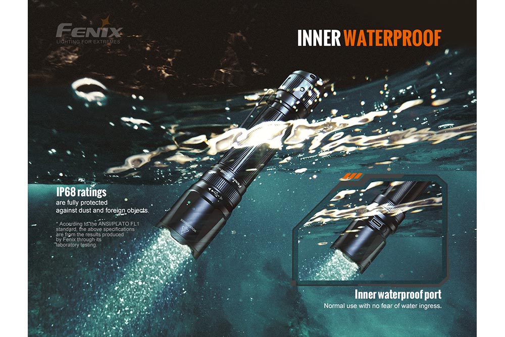 Fenix TK20R V2.0 rechargeable flashlight black tactical LED IP68 waterproof rating on Tampa Home & Garden Store
