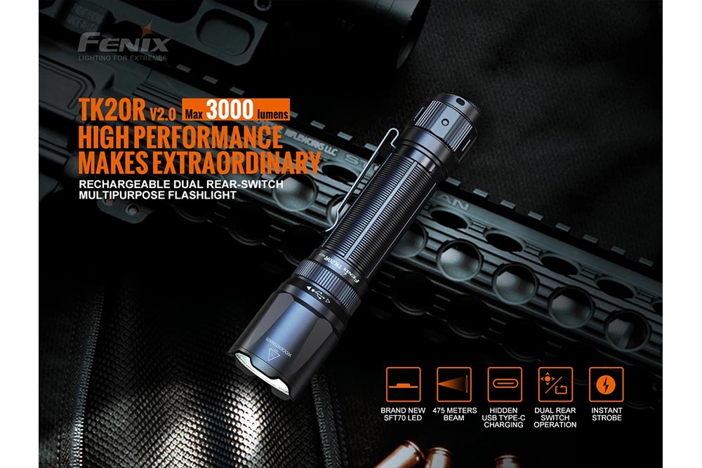 Fenix TK20R v2.0 rechargeable tactical flashlight black aluminum 3000 lumens on Tampa Home & Garden Store