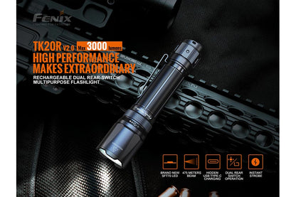 Fenix TK20R v2.0 rechargeable tactical flashlight black aluminum 3000 lumens on Tampa Home & Garden Store