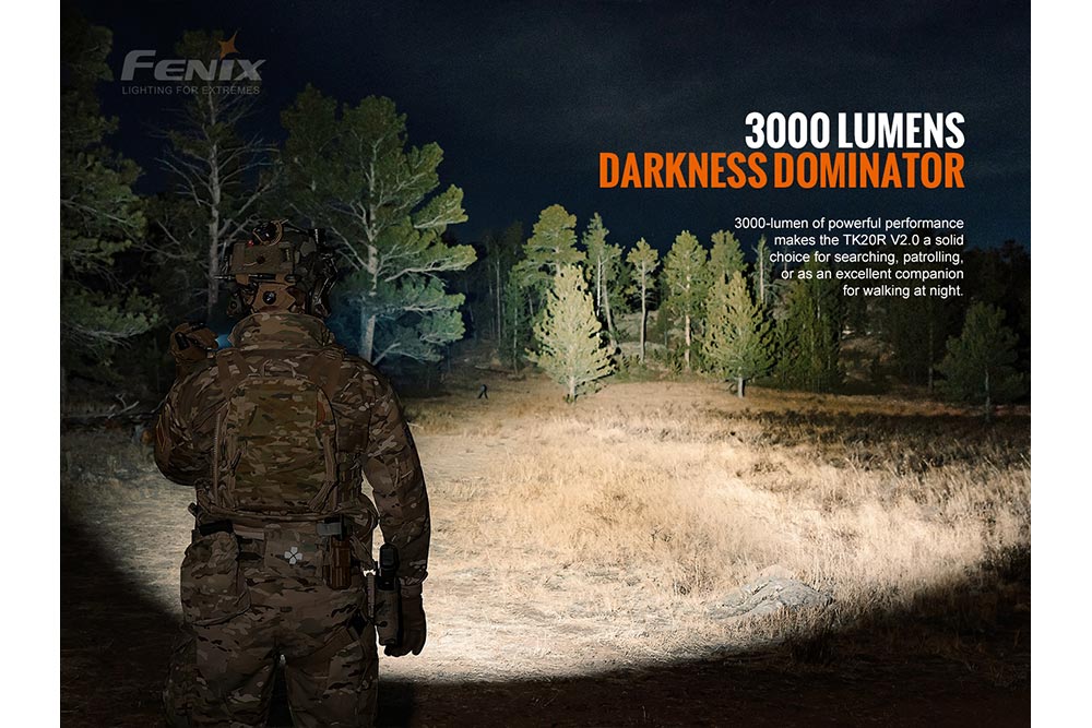 Fenix TK20R V2.0 rechargeable tactical flashlight, 3000 lumens, camo-clad night patrol on Tampa Home & Garden Store