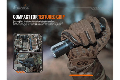 Fenix TK20R V2.0 rechargeable tactical flashlight with textured black aluminum grip on Tampa Home & Garden Store