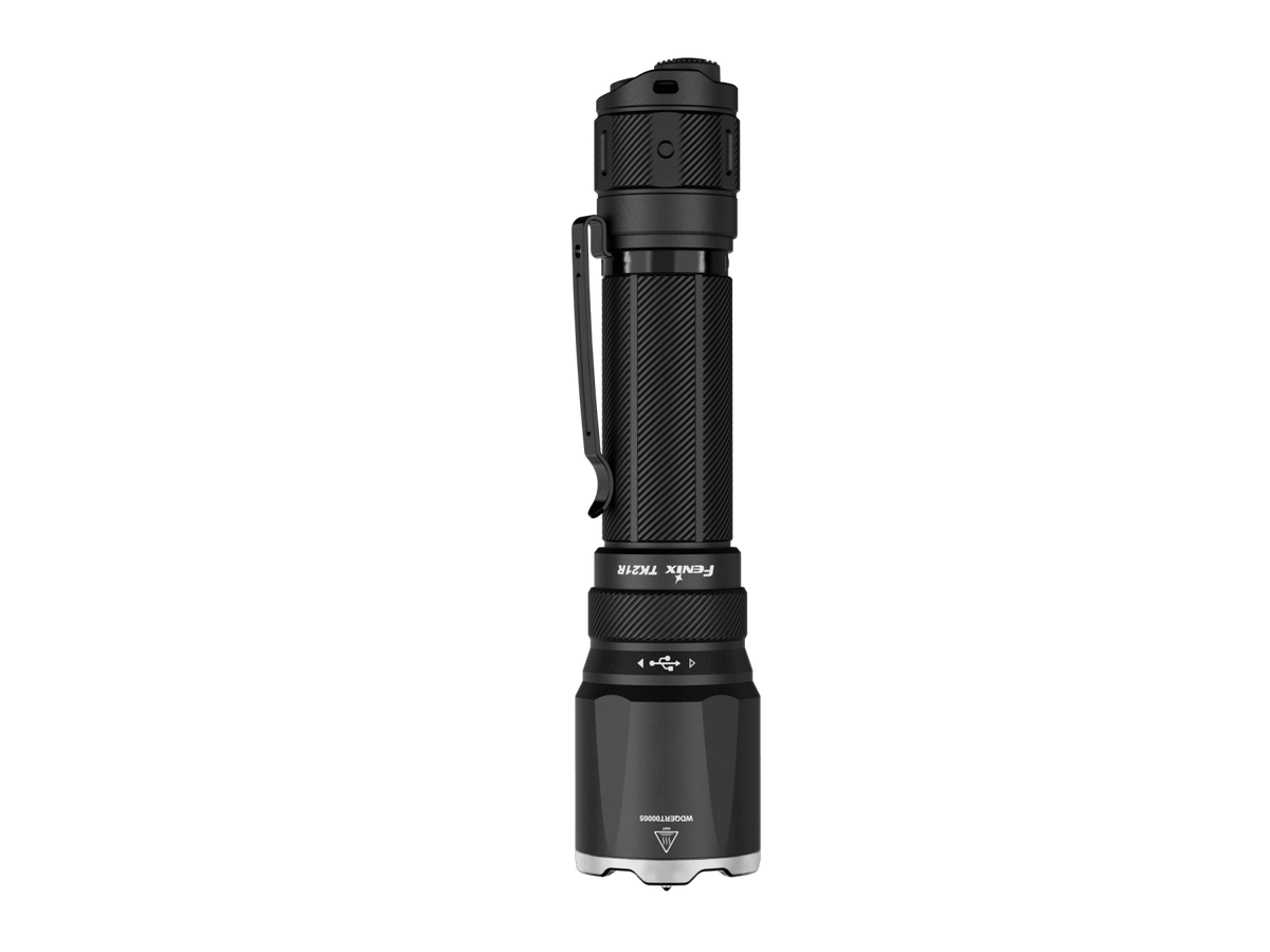 Fenix TK21R duty flashlight, black tactical handheld torch with knurled grip and side clip on Tampa Home & Garden Store