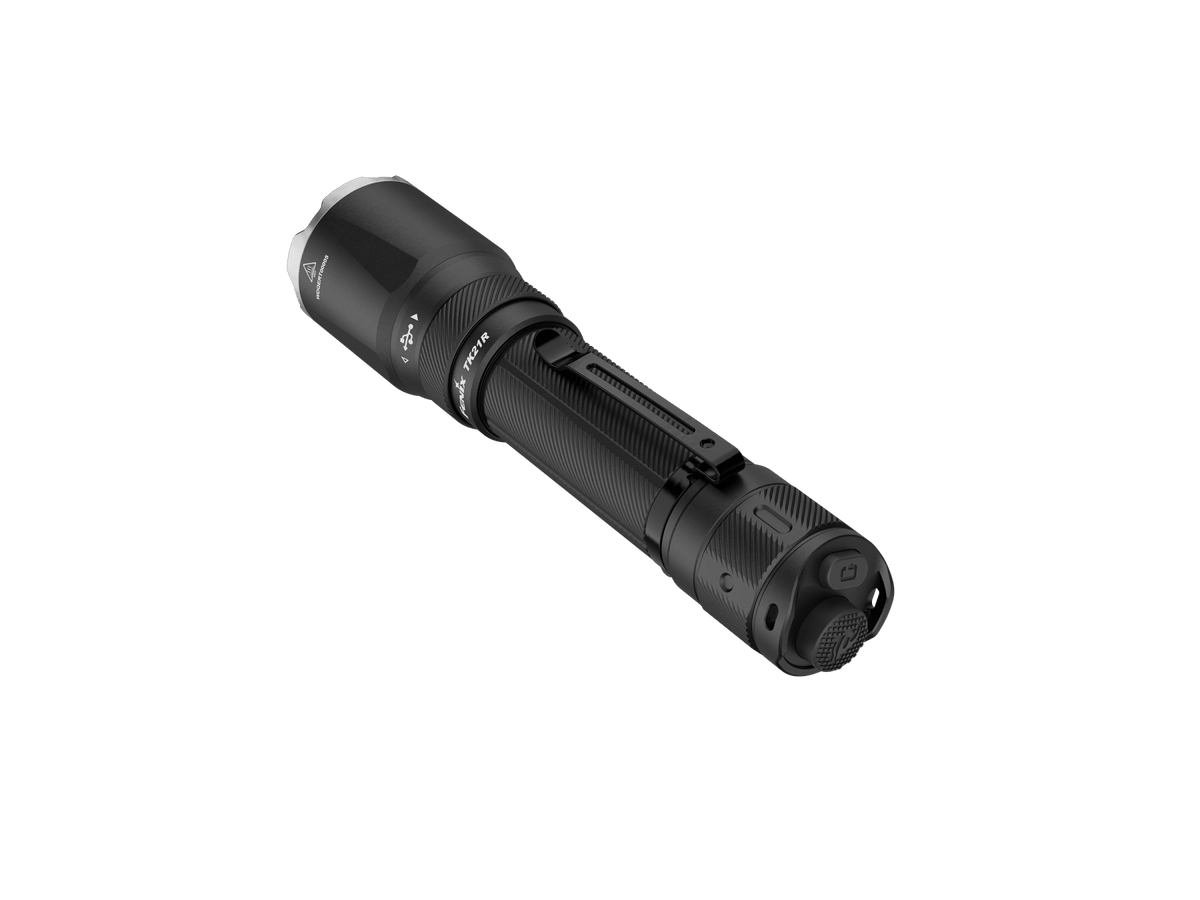 Fenix TK21R Duty Flashlight, black tactical torch with knurled grip and clip on Tampa Home & Garden Store