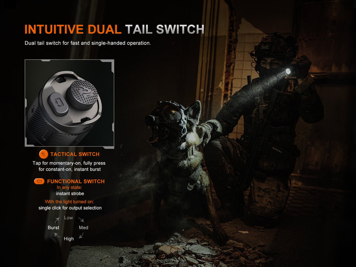 Fenix TK21R Duty Flashlight handheld tactical torch with dual tail switch in action scene on Tampa Home & Garden Store