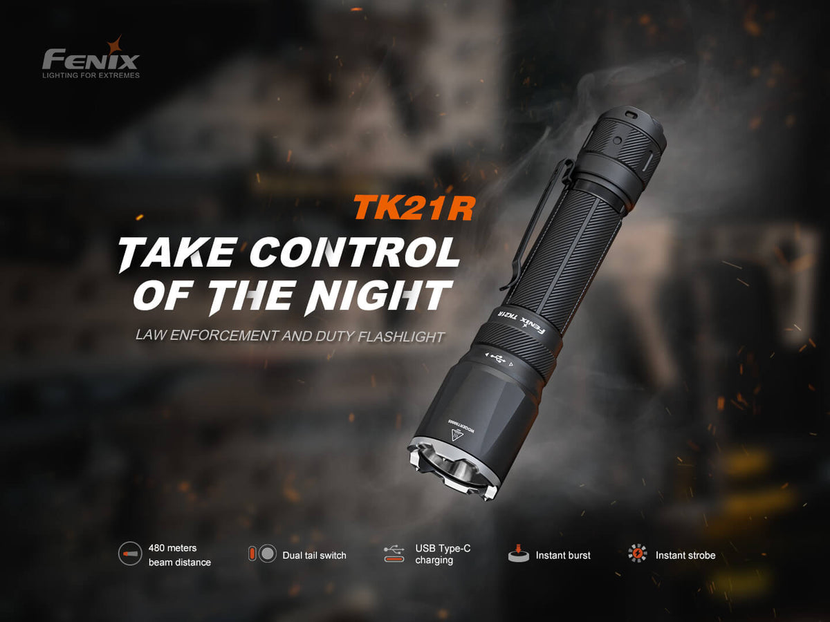 Fenix TK21R tactical flashlight handheld torch with textured grip and dual tail switch on Tampa Home & Garden Store