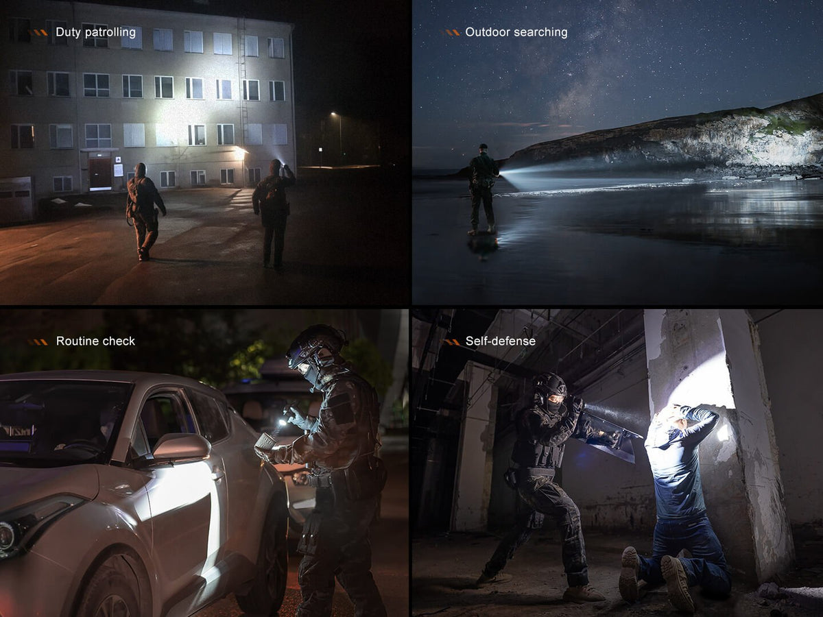 Fenix TK21R tactical flashlight collage: patrol, search, routine check, self-defense on Tampa Home & Garden Store