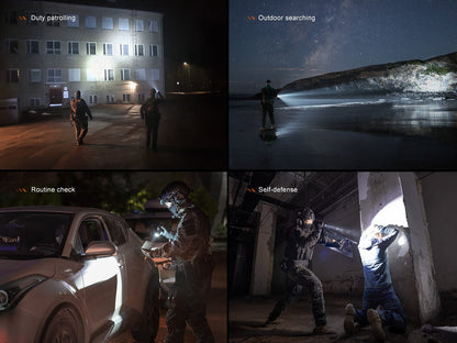 Fenix TK21R tactical flashlight collage: patrol, search, routine check, self-defense on Tampa Home & Garden Store