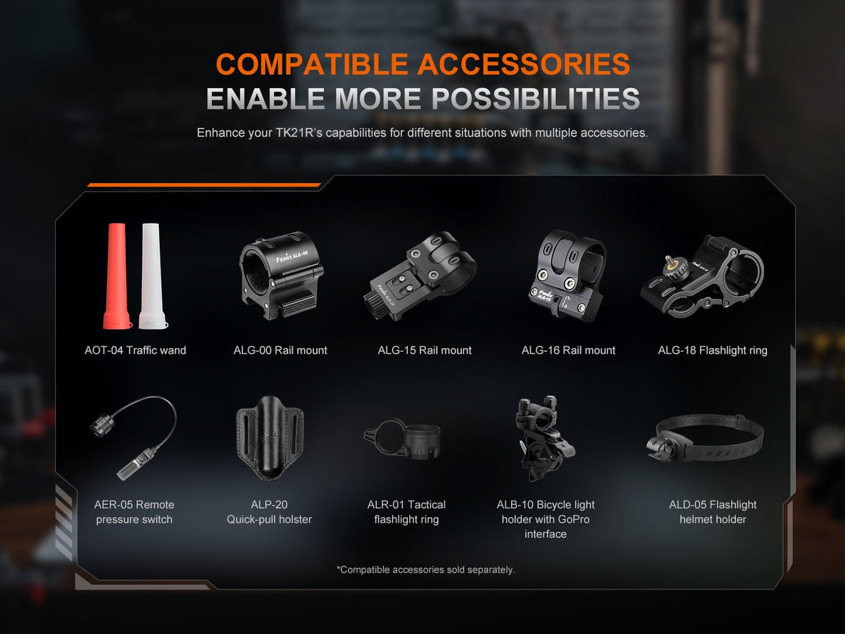 Fenix TK21R Duty Flashlight accessories lineup with rail mounts and holster Fenix Store on Tampa Home & Garden Store