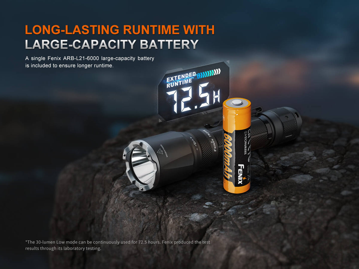 Fenix TK21R Duty Flashlight with orange large-capacity battery on rugged rock on Tampa Home & Garden Store