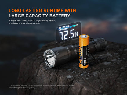 Fenix TK21R Duty Flashlight with orange large-capacity battery on rugged rock on Tampa Home & Garden Store