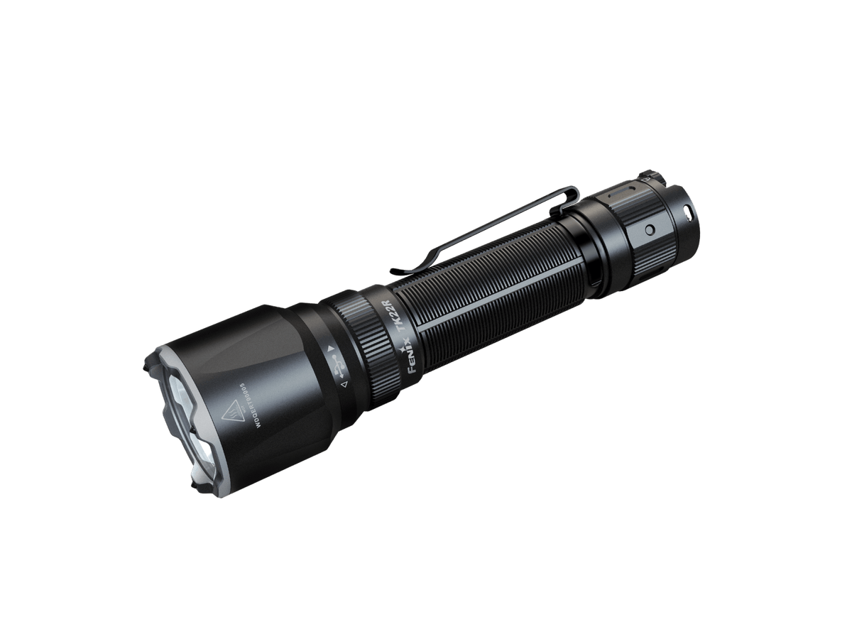 Fenix TK22R rechargeable tactical flashlight black with ribbed body and pocket clip on Tampa Home & Garden Store