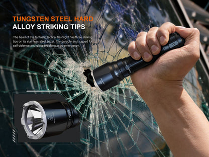 Fenix TK22R black rechargeable tactical flashlight gripped by hand against shattered glass on Tampa Home & Garden Store