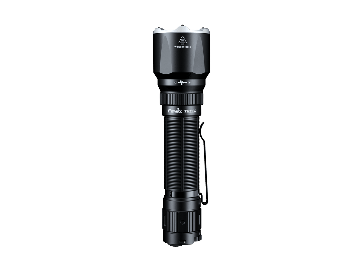 Fenix TK22R rechargeable tactical flashlight with black textured grip, metal head and side clip on Tampa Home & Garden Store