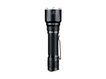 Fenix TK22R rechargeable tactical flashlight with black textured grip, metal head and side clip on Tampa Home & Garden Store