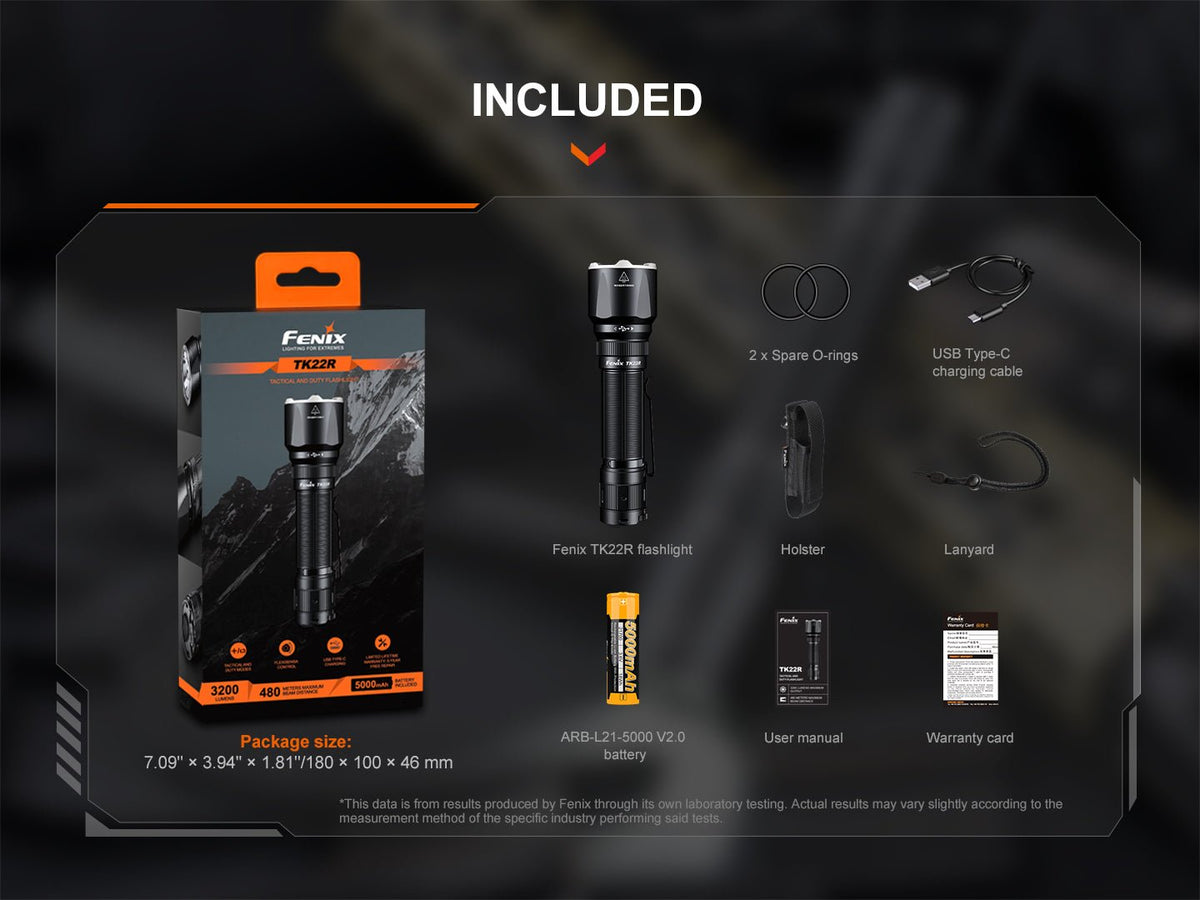 Fenix TK22R black tactical flashlight with 2x spare O-rings, USB-C cable, holster on Tampa Home & Garden Store
