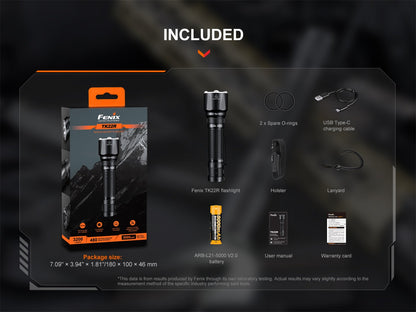 Fenix TK22R black tactical flashlight with 2x spare O-rings, USB-C cable, holster on Tampa Home & Garden Store