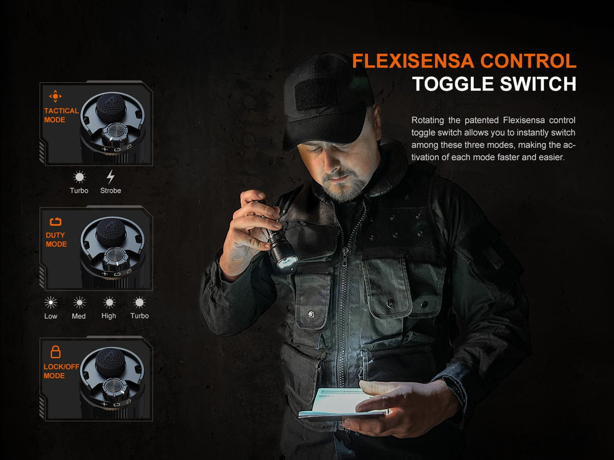Fenix TK22R rechargeable tactical flashlight with black body and LED glow, dual-mode panels on Tampa Home & Garden Store