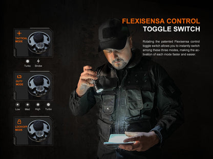 Fenix TK22R rechargeable tactical flashlight with black body and LED glow, dual-mode panels on Tampa Home & Garden Store