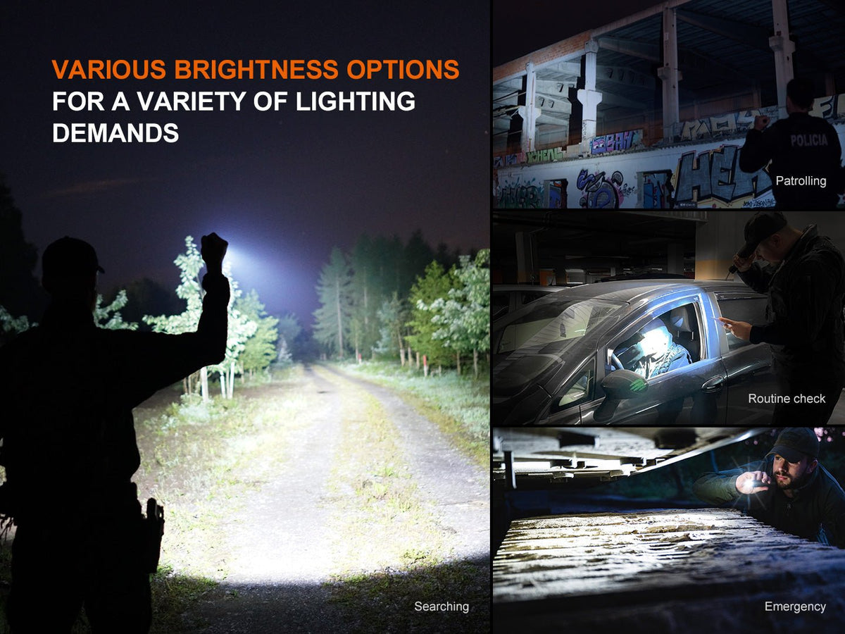 Fenix TK22R Rechargeable Tactical Flashlight by Fenix Store, night beam in four scenes on Tampa Home & Garden Store