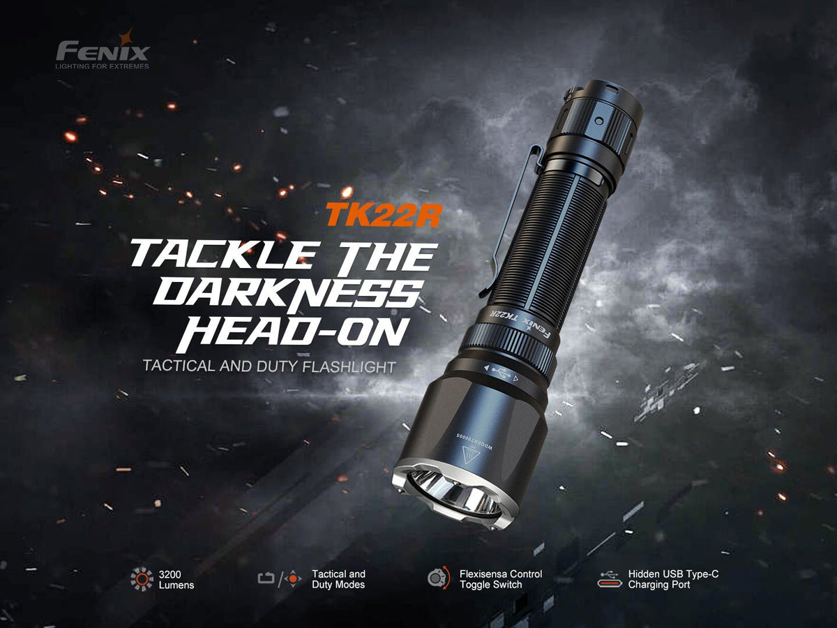 Fenix TK22R tactical flashlight black metal body with clip on Tampa Home & Garden Store