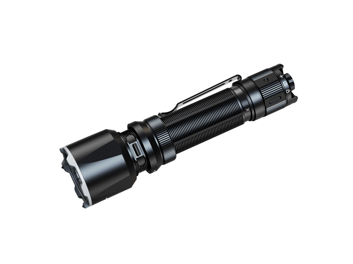 Fenix TK22R rechargeable tactical flashlight with black anodized body and pocket clip on Tampa Home & Garden Store