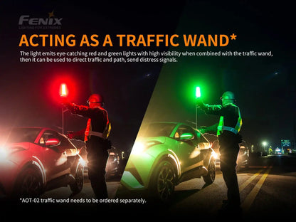 Fenix TK26R tactical flashlight banner with red and green traffic wands at night on Tampa Home & Garden Store