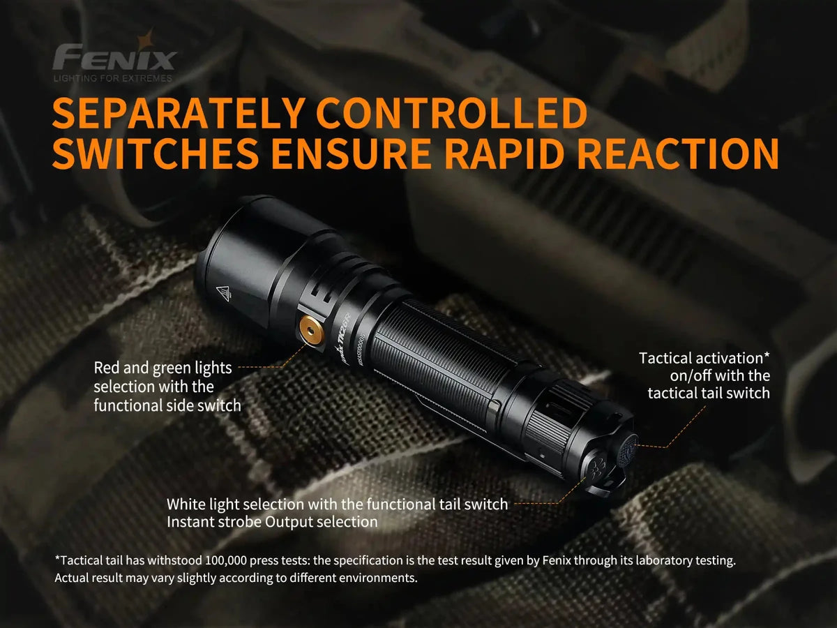 Fenix TK26R tactical LED flashlight with black anodized body and textured grip on Tampa Home & Garden Store