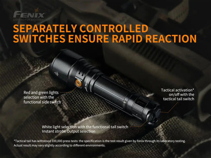 Fenix TK26R tactical LED flashlight with black anodized body and textured grip on Tampa Home & Garden Store
