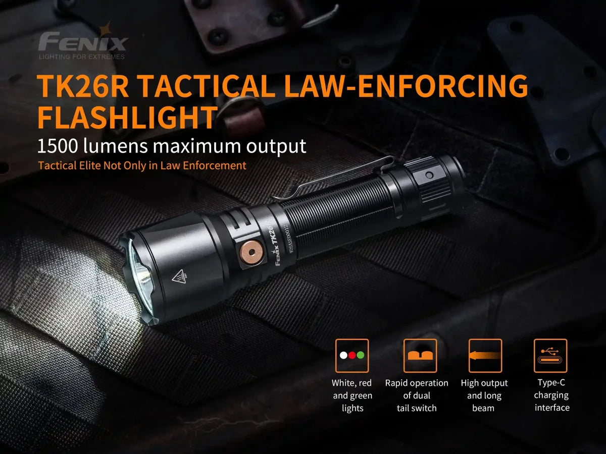 Fenix TK26R tactical flashlight black aluminum body, dual tail switch, 1500 lumens on Tampa Home & Garden Store
