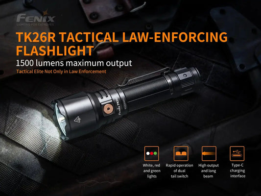 Fenix TK26R tactical flashlight black aluminum body, dual tail switch, 1500 lumens on Tampa Home & Garden Store