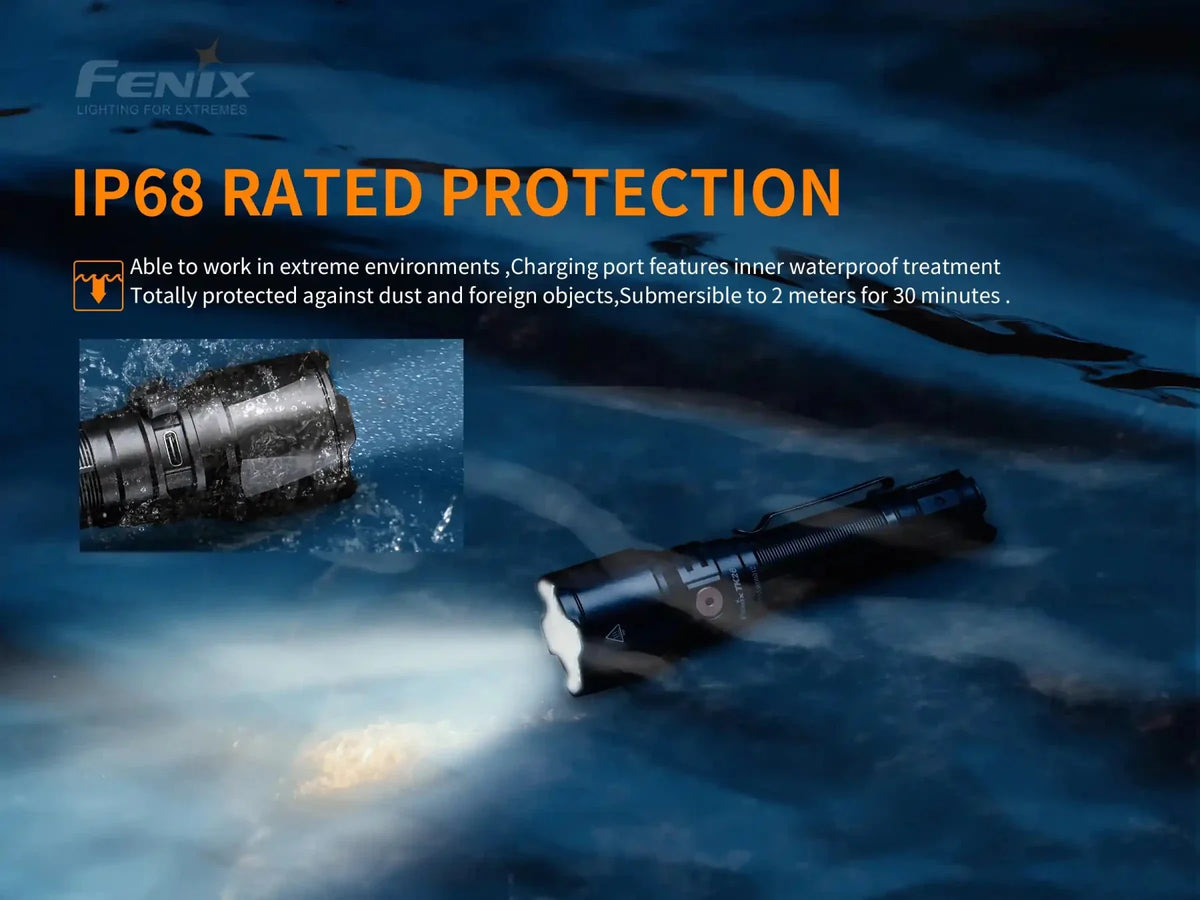 Fenix TK26R Tactical LED Flashlight, black aluminum body, IP68 water resistant, two views on Tampa Home & Garden Store