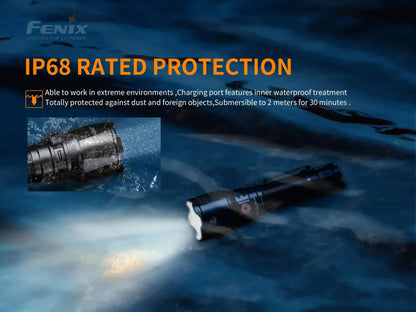 Fenix TK26R Tactical LED Flashlight, black aluminum body, IP68 water resistant, two views on Tampa Home & Garden Store