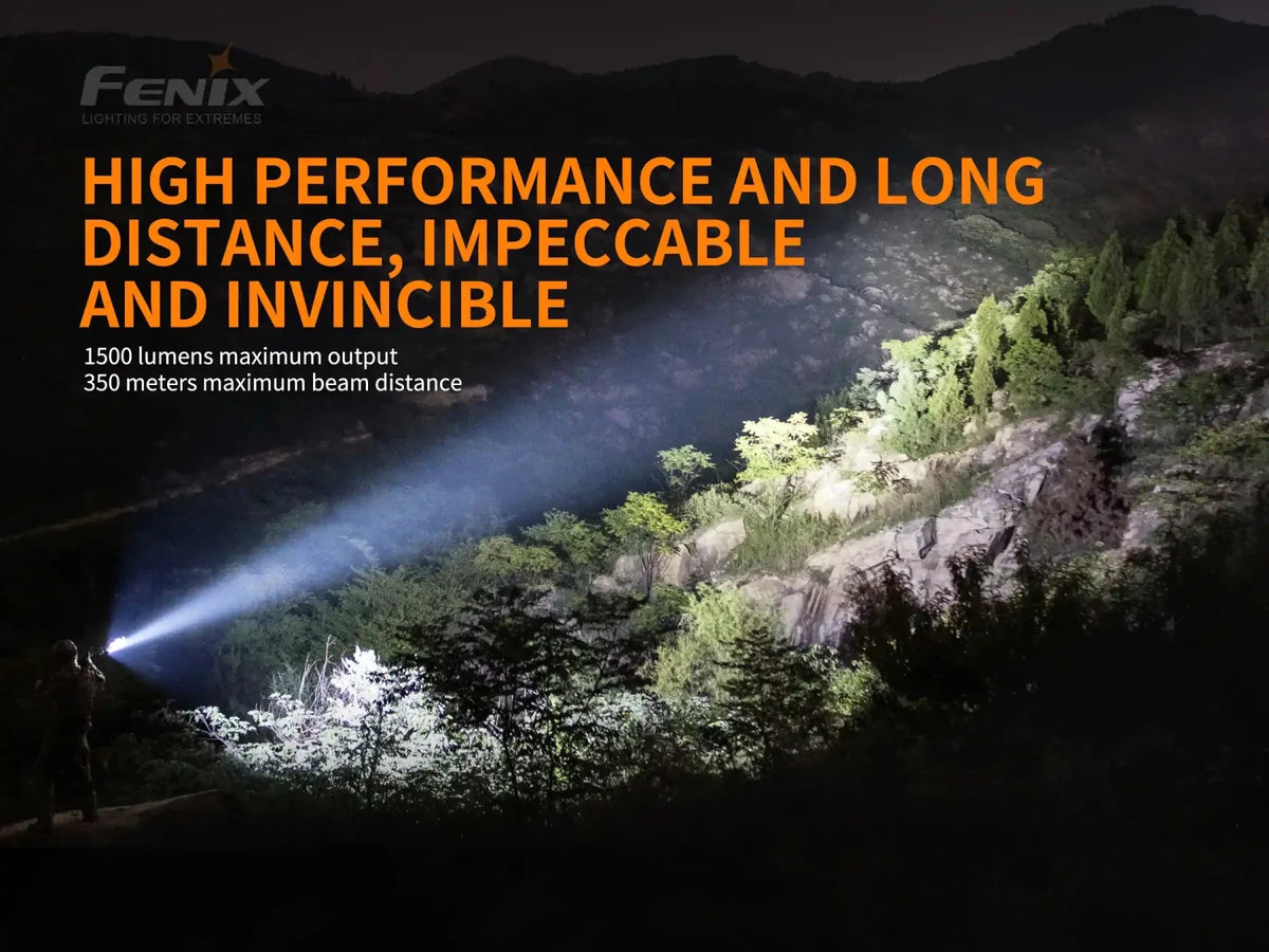 Fenix TK26R tactical LED flashlight, black body with 1500 lumens beam in night scene on Tampa Home & Garden Store