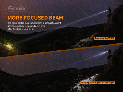 Fenix TK30 white laser LED tactical flashlight beam demo outdoors at night on a cliff on Tampa Home & Garden Store