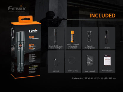 Fenix TK30 white laser LED tactical flashlight with orange packaging box and visible logo on Tampa Home & Garden Store