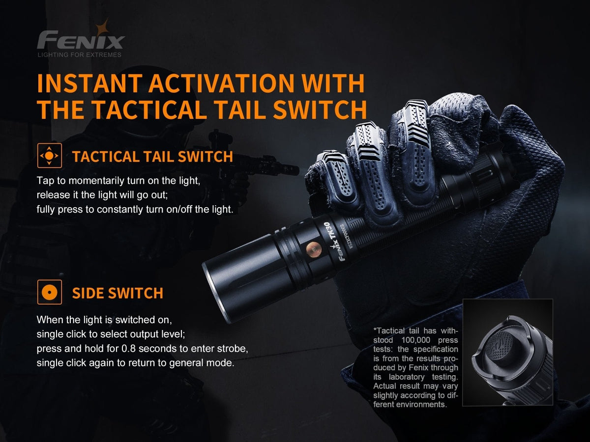 Fenix TK30 Tactical Flashlight held in gloved hand; black anodized body by Fenix Store on Tampa Home & Garden Store