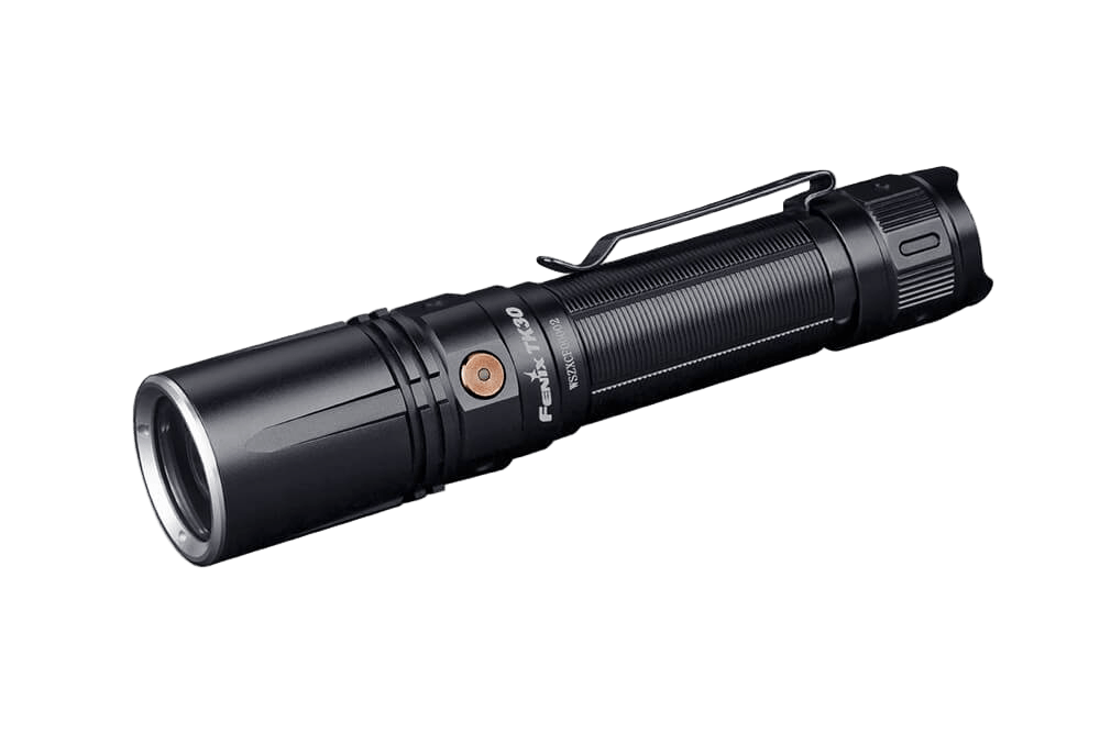 Fenix TK30 black tactical flashlight with copper button and side clip on Tampa Home & Garden Store