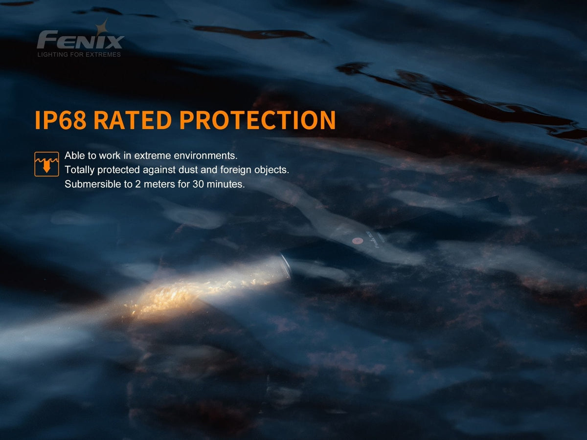 Fenix TK30 white laser LED tactical flashlight promo banner IP68 protection features on Tampa Home & Garden Store