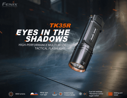 Fenix TK35R tactical flashlight handheld torch, black body with copper bezel, Fenix Store on Tampa Home & Garden Store