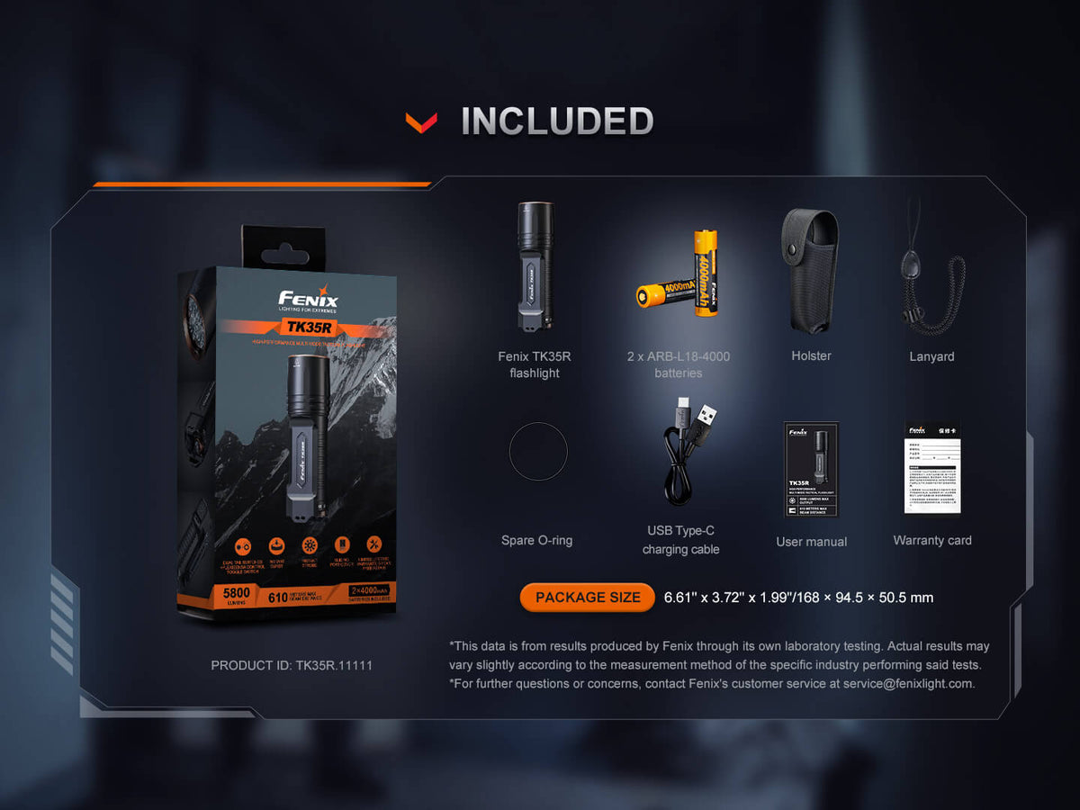 Fenix TK35R rechargeable tactical flashlight with 2 ARB-L18-4000 batteries and USB-C cable on Tampa Home & Garden Store