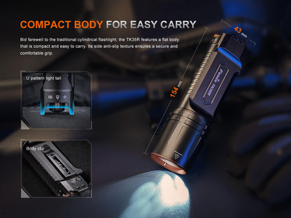 Fenix TK35R Rechargeable Tactical Flashlight with blue anodized body and compact 154 mm length on Tampa Home & Garden Store
