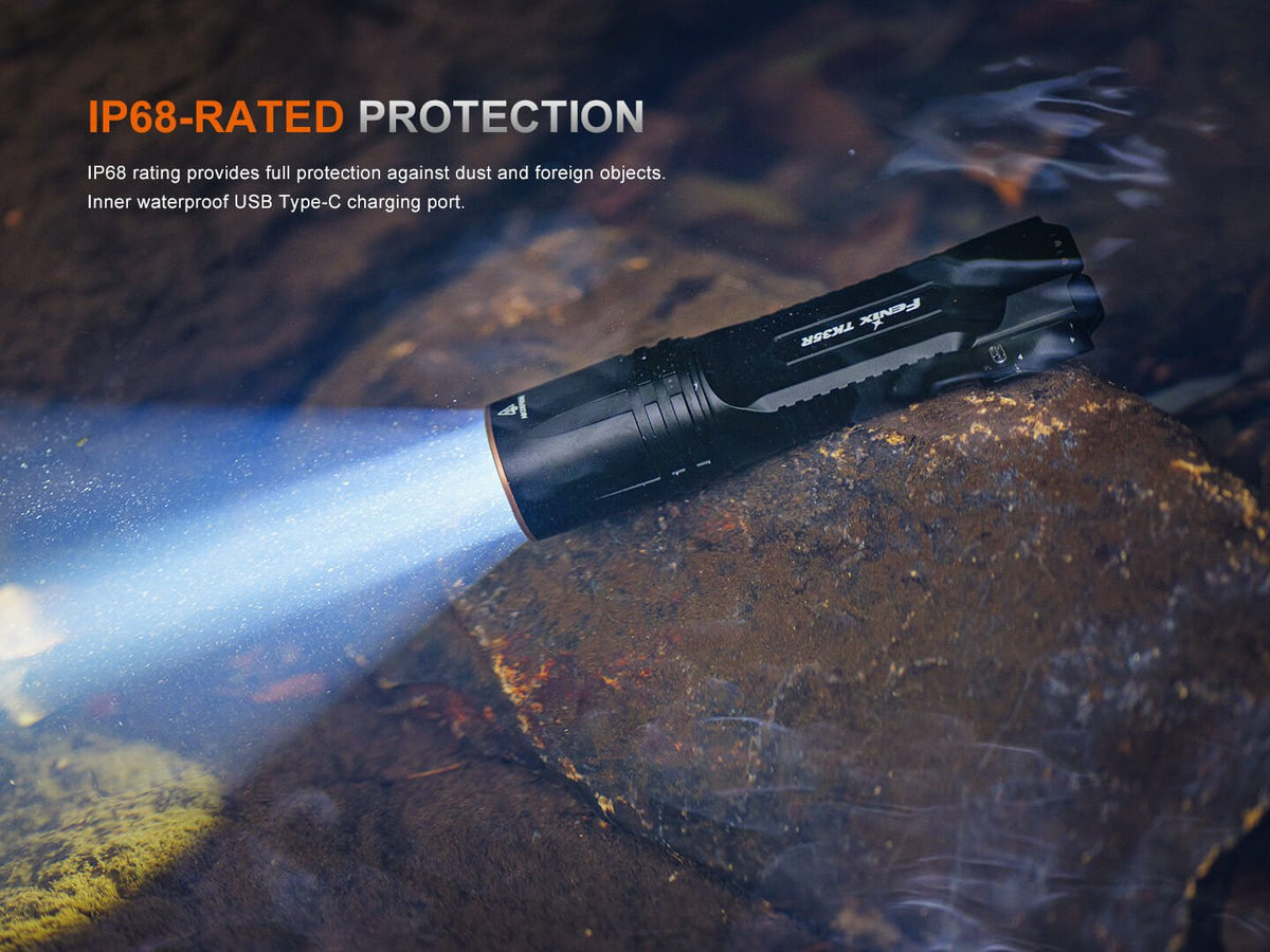 Fenix TK35R tactical flashlight handheld torch, black with IP68-rated protection on Tampa Home & Garden Store