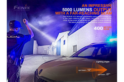 Fenix TK35UE V2.0 Tactical Flashlight poster showcasing 5000 lumens by Fenix Store on Tampa Home & Garden Store